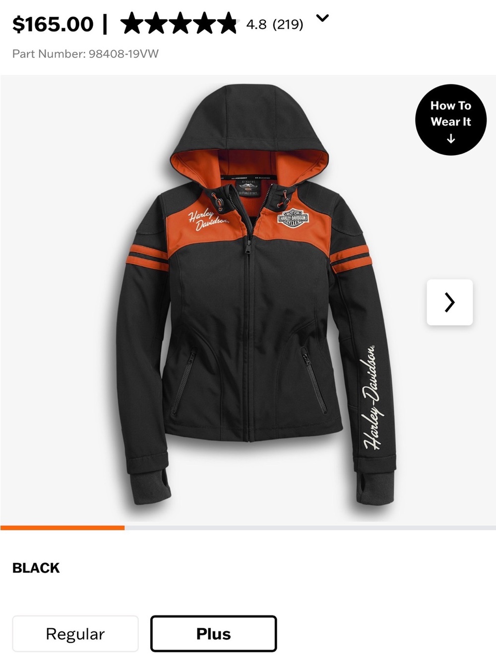 Harley-Davidson Black and Orange Hooded Softshell Bomber Jacket- Size 1W